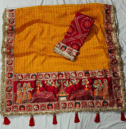 Yellow Pure Heavy Soft Silk Bandhani Gharchola Chex Panetar Saree Panetar Saree Anant Tex Exports Pvt.Ltd..