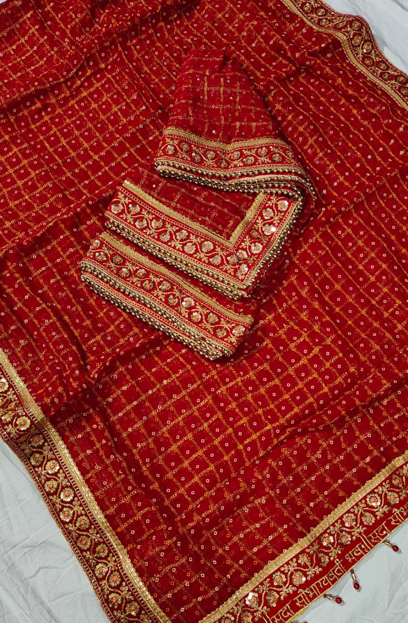Red Pure Heavy Soft Silk Bandhani Gharchola Chex Panetar Saree