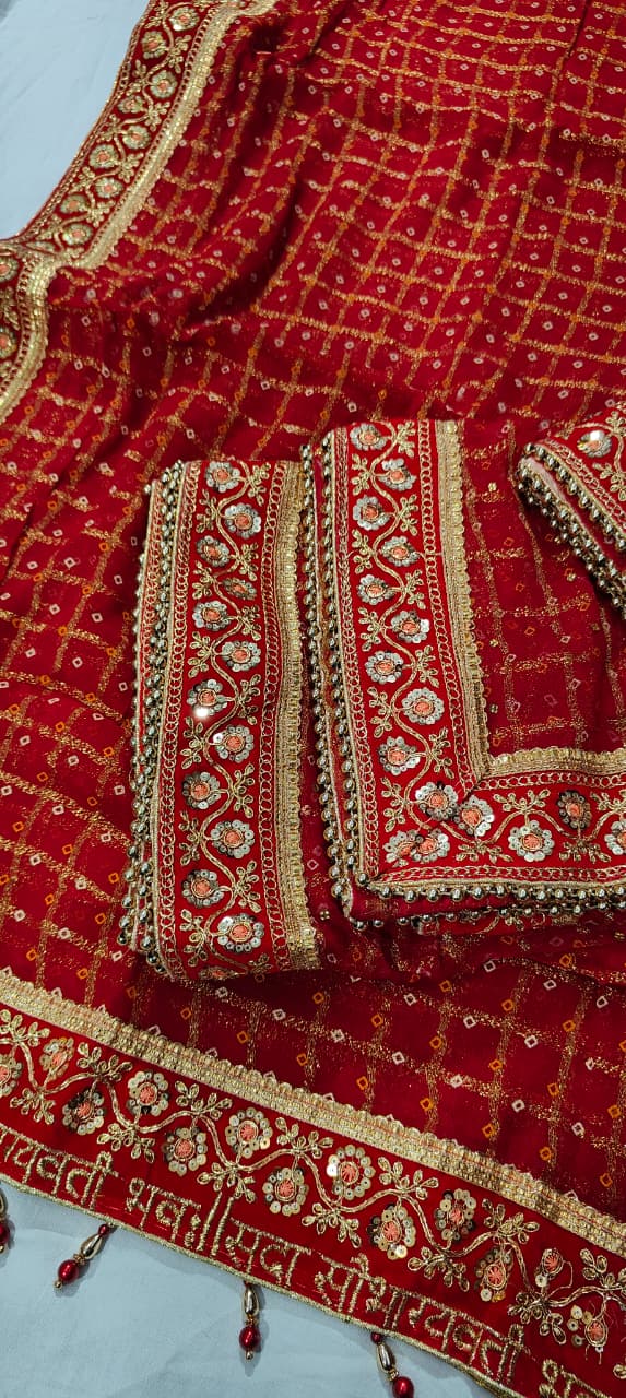 Red Pure Heavy Soft Silk Bandhani Gharchola Chex Panetar Saree