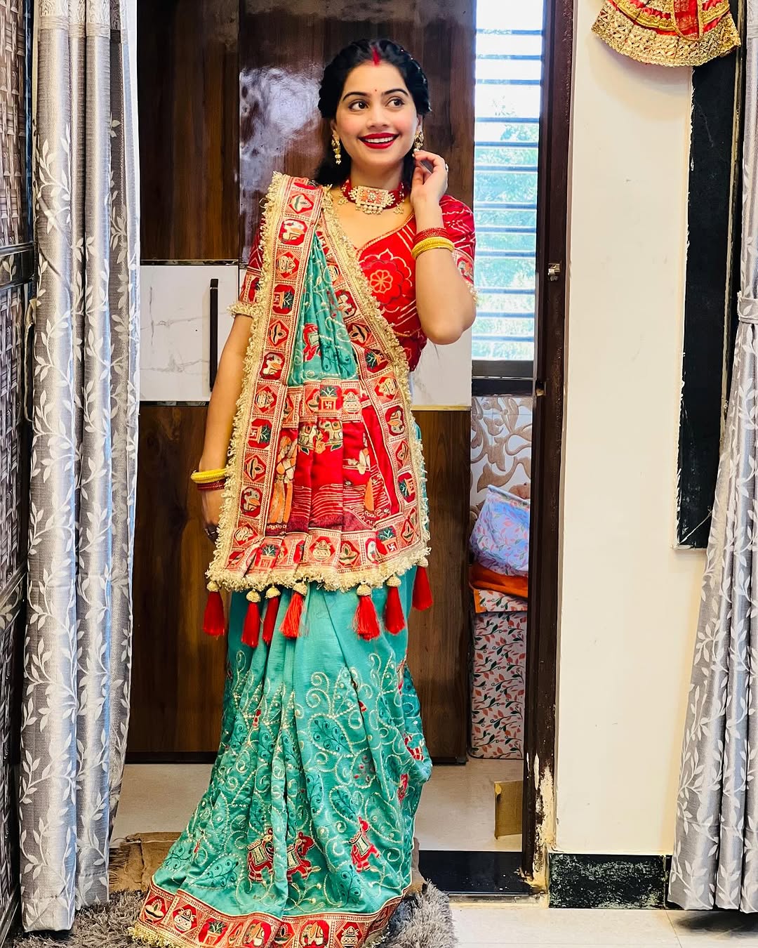 Light Green Pure Heavy Vichitra Silk Bandhani Gharchola Chex Panetar Saree