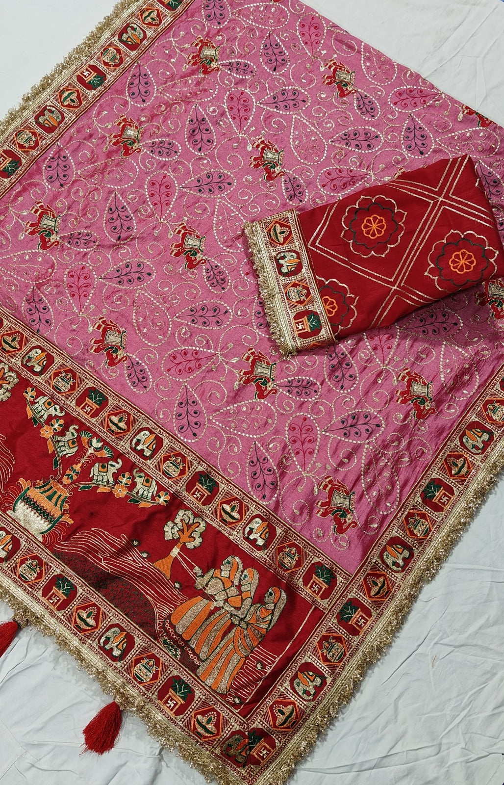 Pink Pure Heavy Vichitra Silk Bandhani Gharchola Chex Panetar Saree
