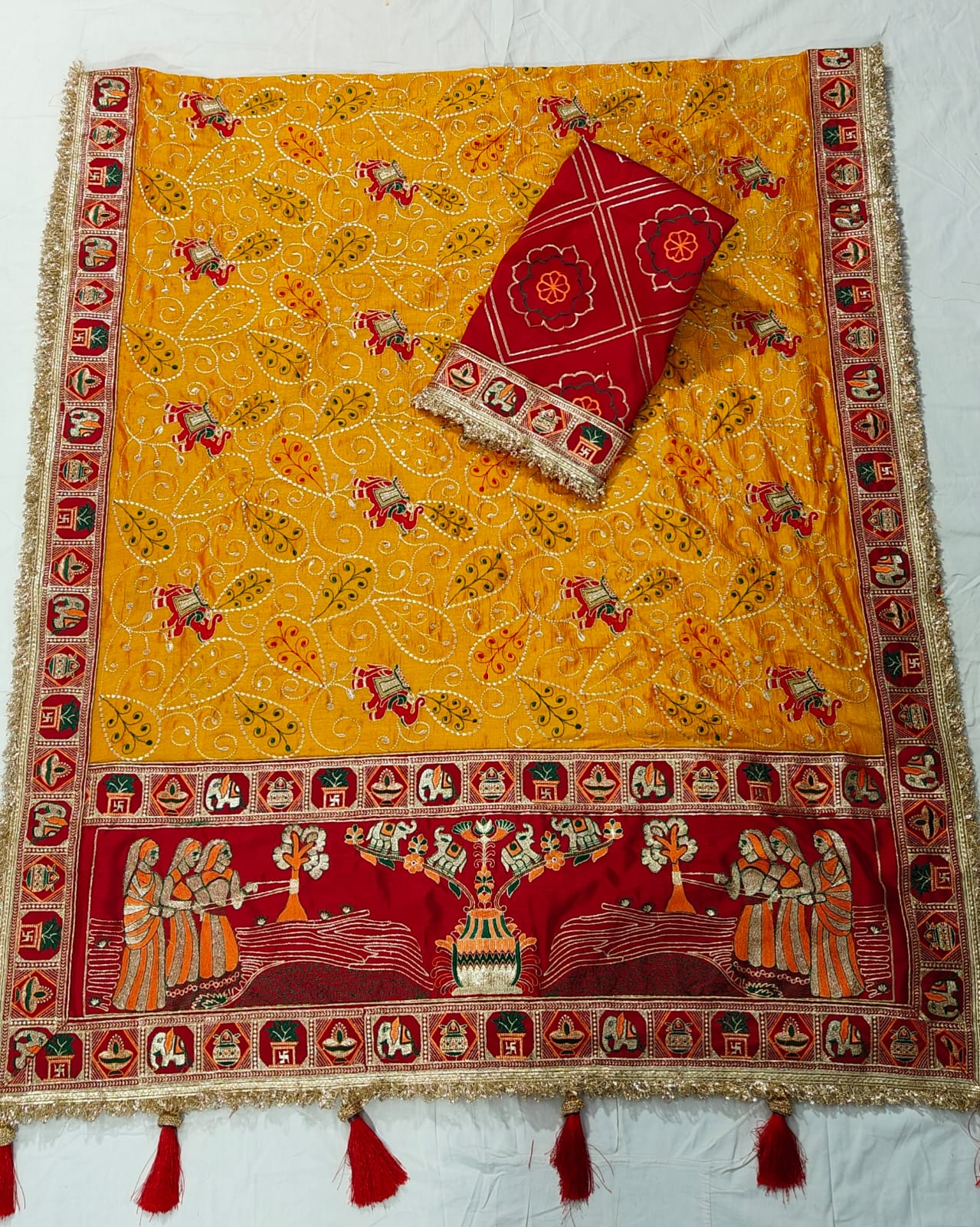 Yellow Pure Heavy Vichitra Silk Bandhani Gharchola Chex Panetar Saree