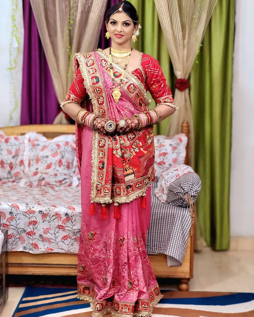 Pink Pure Heavy Vichitra Silk Bandhani Gharchola Chex Panetar Saree