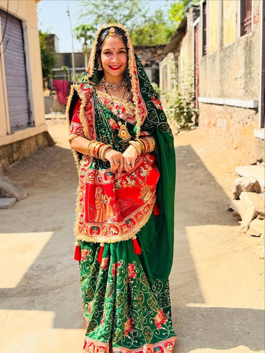 Green Pure Heavy Vichitra Silk Bandhani Gharchola Chex Panetar Saree