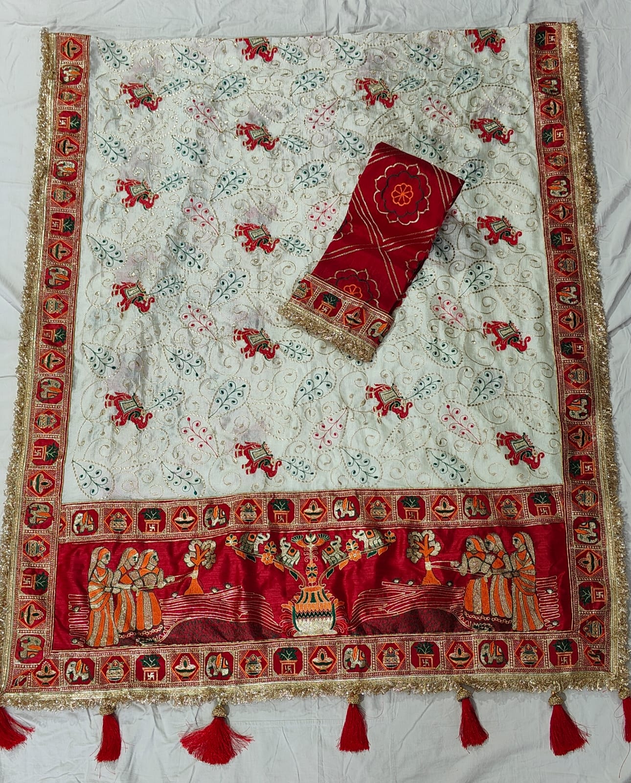 White Pure Heavy Vichitra Silk Bandhani Gharchola Chex Panetar Saree