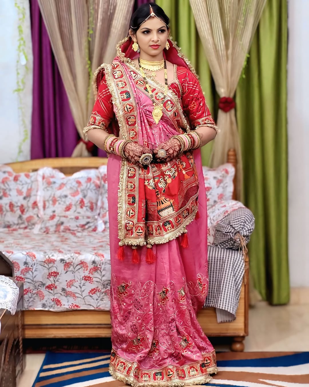 Pink Pure Heavy Vichitra Silk Bandhani Gharchola Chex Panetar Saree