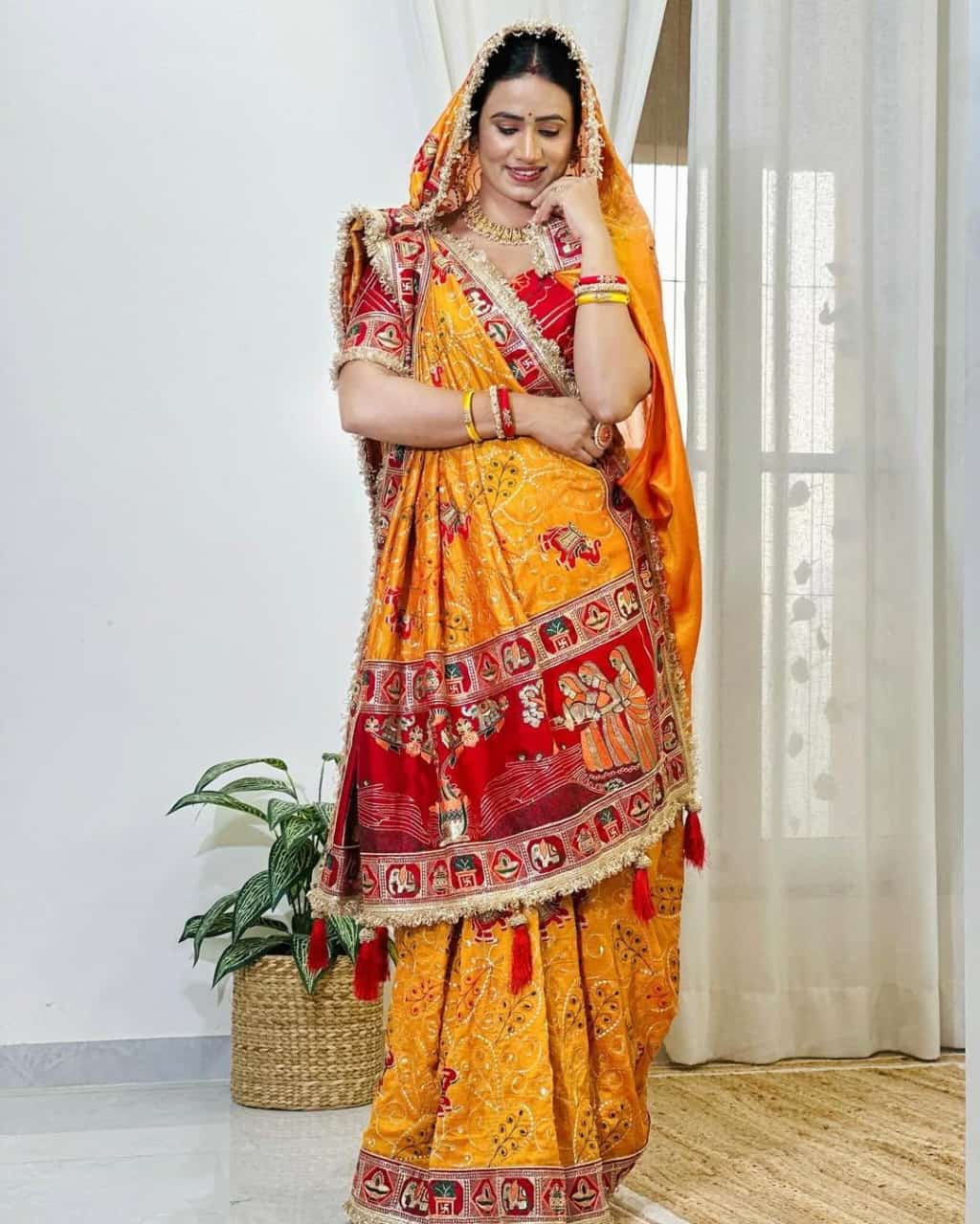 Yellow Pure Heavy Vichitra Silk Bandhani Gharchola Chex Panetar Saree