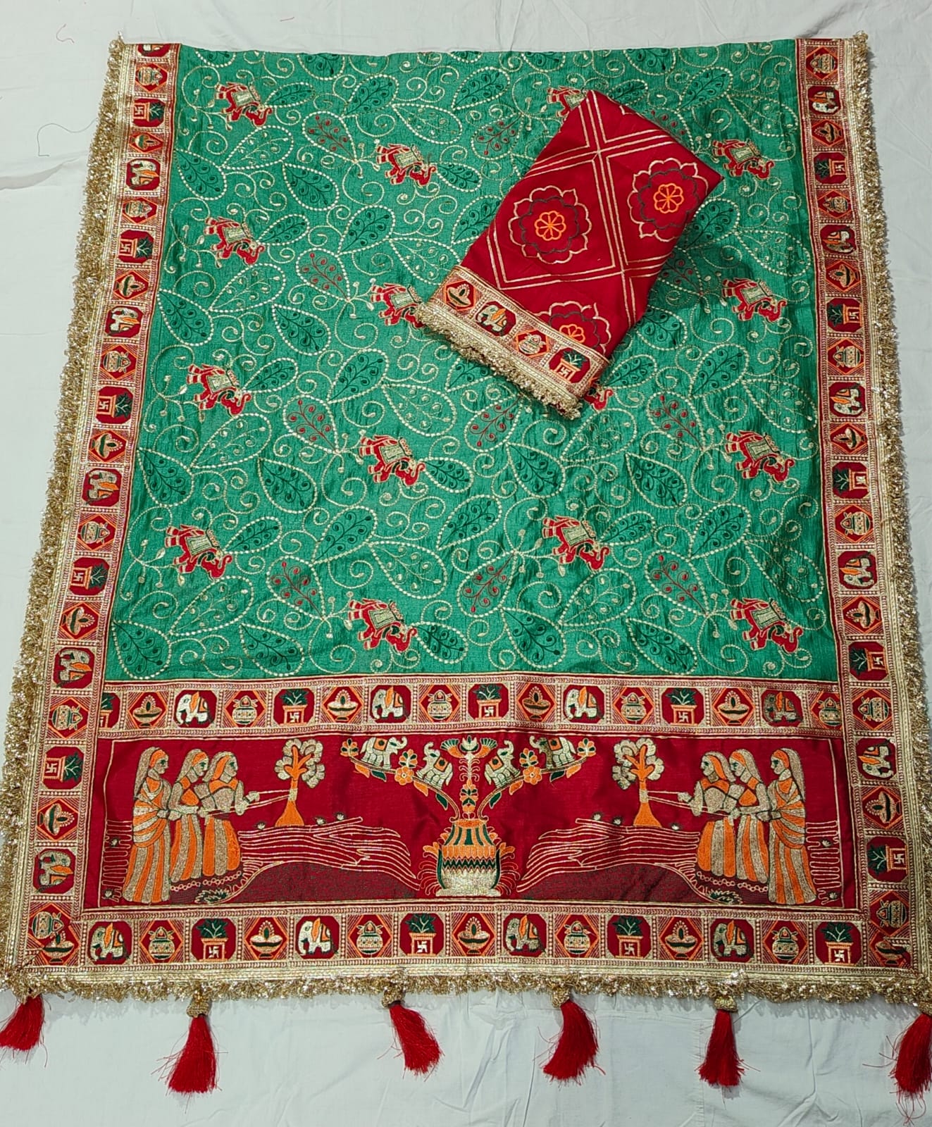 Light Green Pure Heavy Vichitra Silk Bandhani Gharchola Chex Panetar Saree