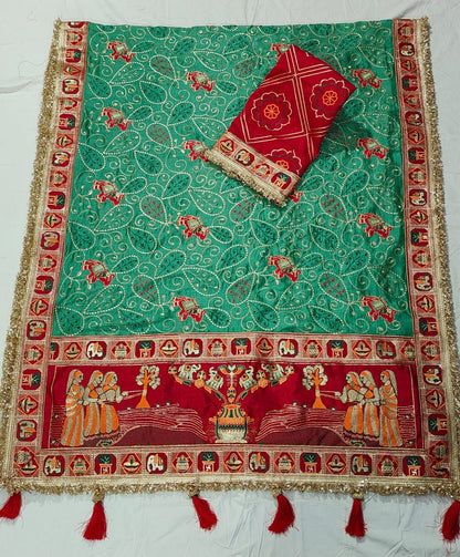 Light Green Pure Heavy Vichitra Silk Bandhani Gharchola Chex Panetar Saree Panetar Saree Anant Tex Exports Pvt.Ltd..