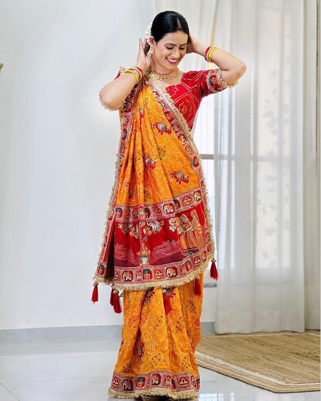 Yellow Pure Heavy Vichitra Silk Bandhani Gharchola Chex Panetar Saree