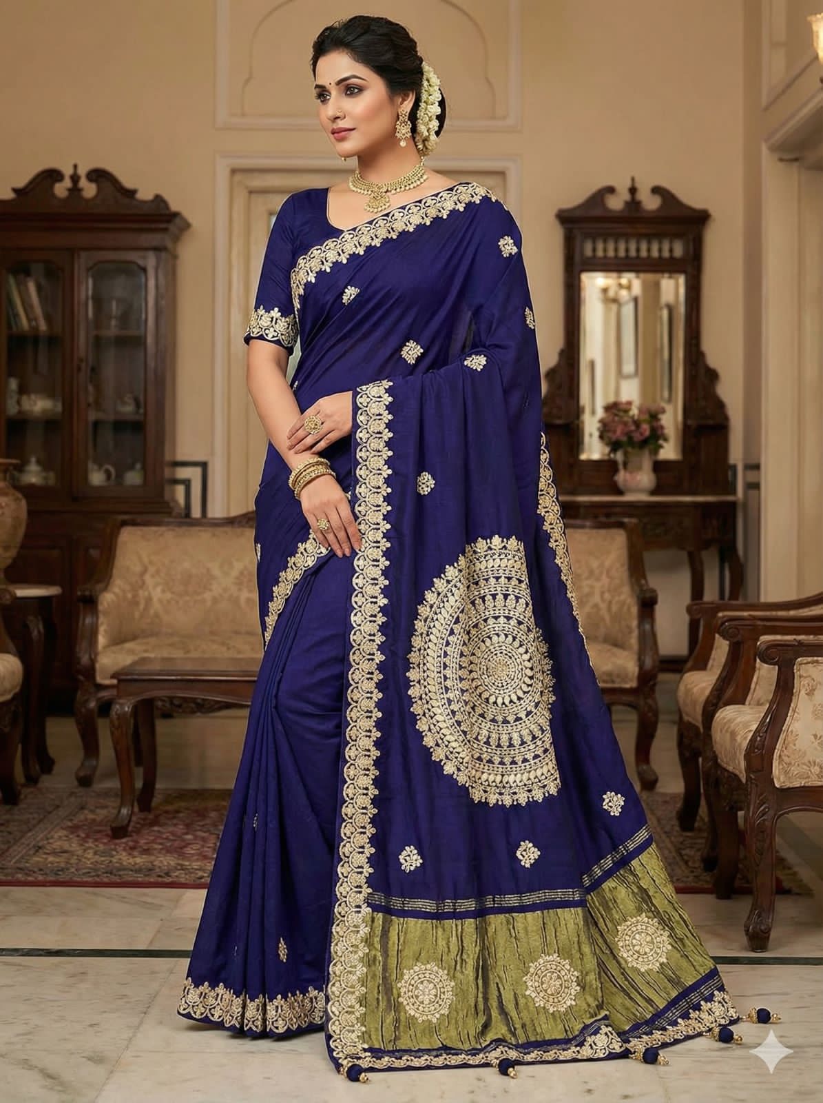 Blue Pure Gaji Silk Bandhej Gota Work Saree