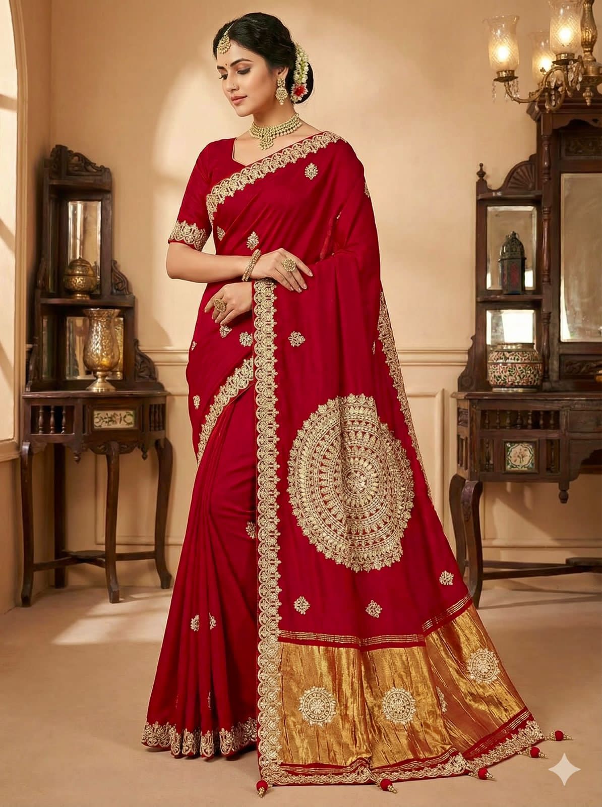 Red Pure Gaji Silk Bandhej Gota Work Saree