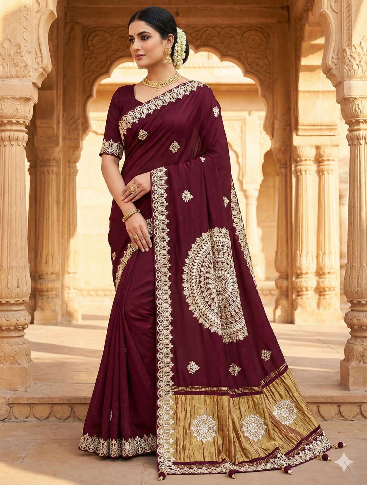 Maroon Pure Gaji Silk Bandhej Gota Work Saree