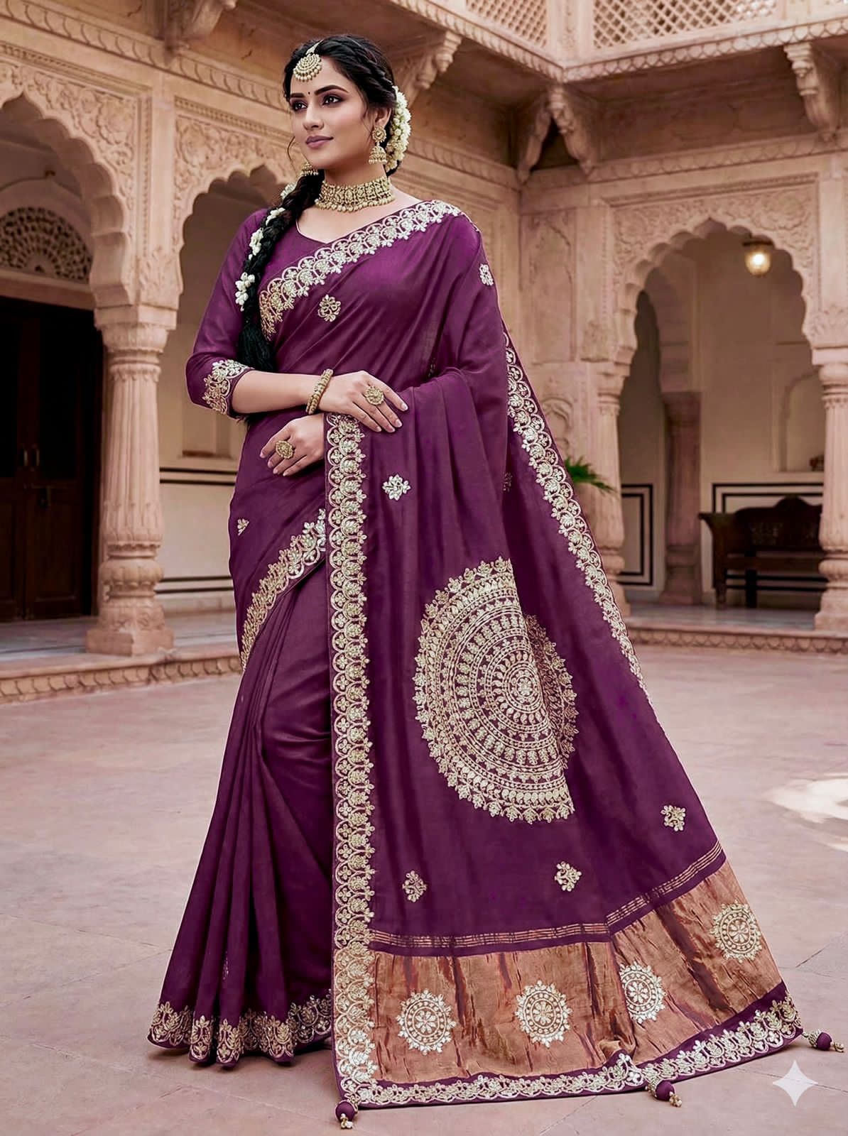 Plum Purple Pure Gaji Silk Bandhej Gota Work Saree