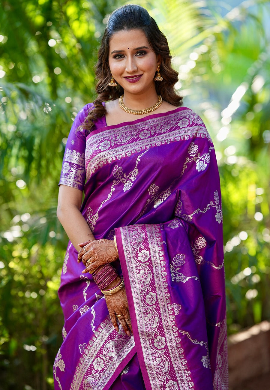 Purple Green Banarasi Jaal Soft Silk Zari Woven Saree