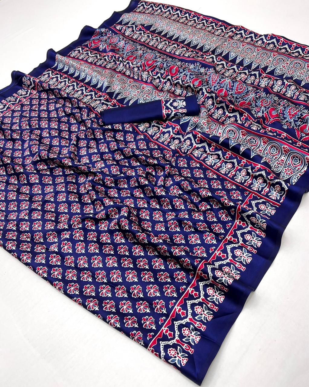 Blue Pure Soft Modal Satin Ajrakh Print Satin Saree Japan Satin Saree Anant Tex Exports Pvt.Ltd..