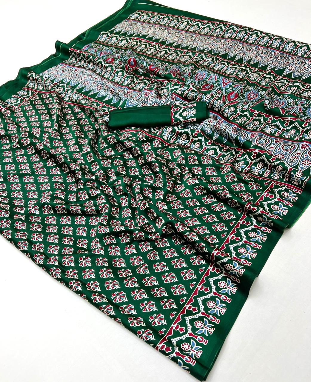 Green Pure Soft Modal Satin Ajrakh Print Satin Saree Japan Satin Saree Anant Tex Exports Pvt.Ltd..