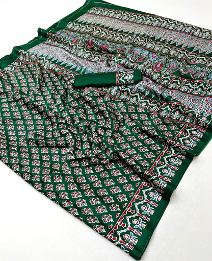 Green Pure Soft Modal Satin Ajrakh Print Satin Saree Japan Satin Saree Anant Tex Exports Pvt.Ltd..
