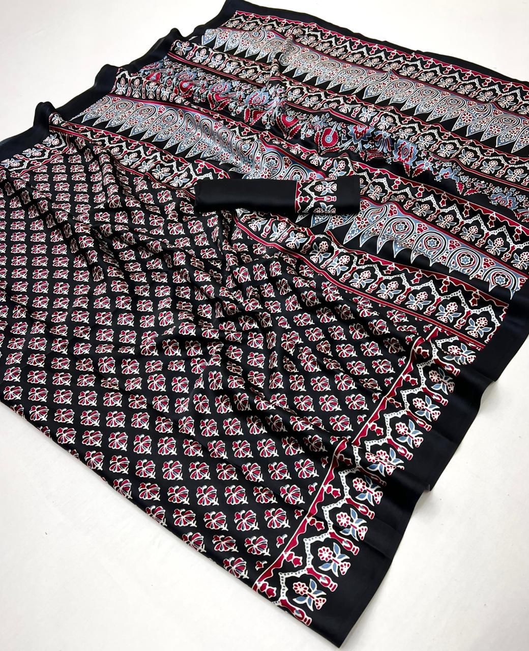 Black Pure Soft Modal Satin Ajrakh Print Satin Saree Japan Satin Saree Anant Tex Exports Pvt.Ltd..
