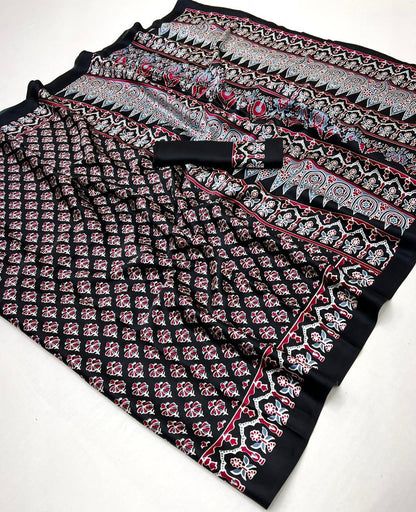 Black Pure Soft Modal Satin Ajrakh Print Satin Saree Japan Satin Saree Anant Tex Exports Pvt.Ltd..