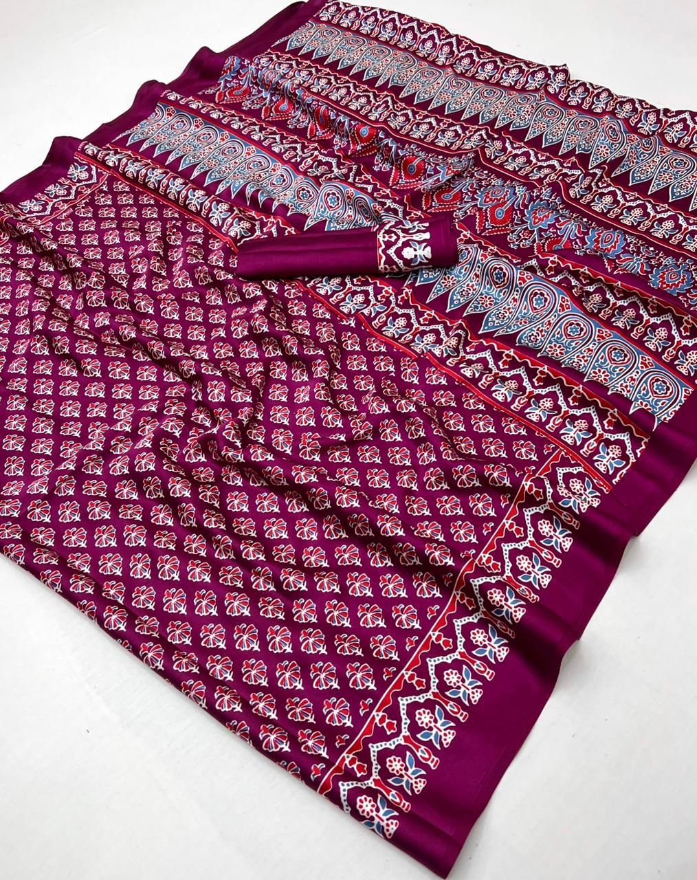 Purple Pure Soft Modal Satin Ajrakh Print Satin Saree Japan Satin Saree Anant Tex Exports Pvt.Ltd..