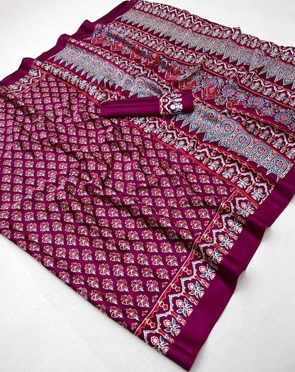 Purple Pure Soft Modal Satin Ajrakh Print Satin Saree Japan Satin Saree Anant Tex Exports Pvt.Ltd..