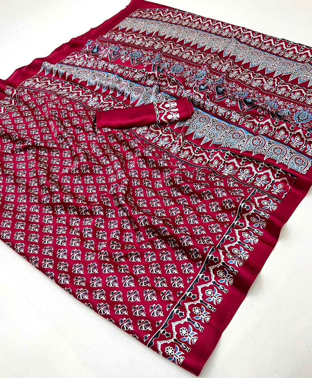 Red Pure Soft Modal Satin Ajrakh Print Satin Saree Japan Satin Saree Anant Tex Exports Pvt.Ltd..