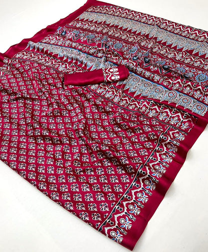 Red Pure Soft Modal Satin Ajrakh Print Satin Saree Japan Satin Saree Anant Tex Exports Pvt.Ltd..