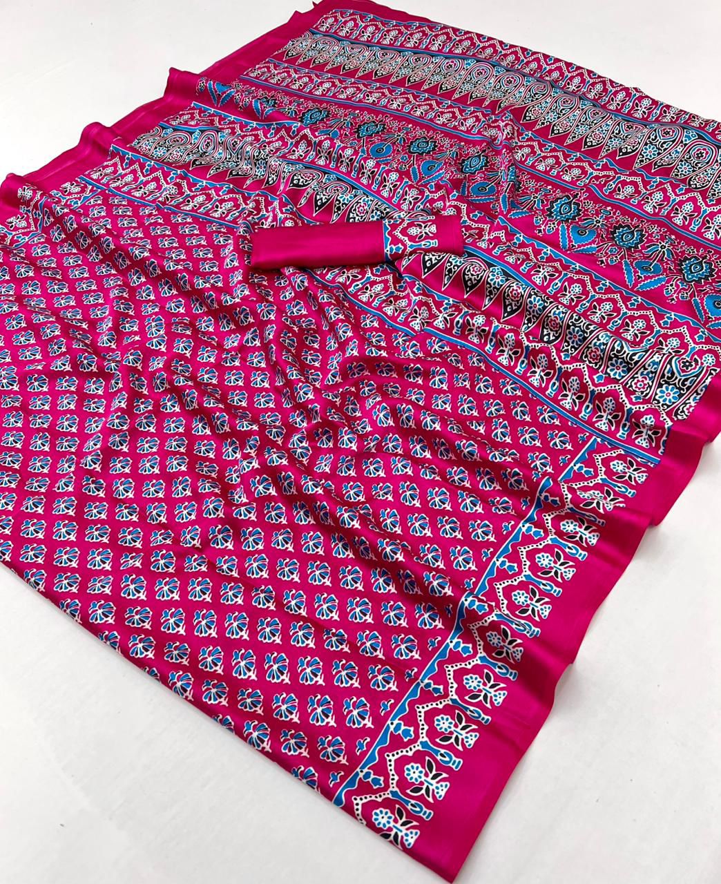Pink Pure Soft Modal Satin Ajrakh Print Satin Saree Japan Satin Saree Anant Tex Exports Pvt.Ltd..
