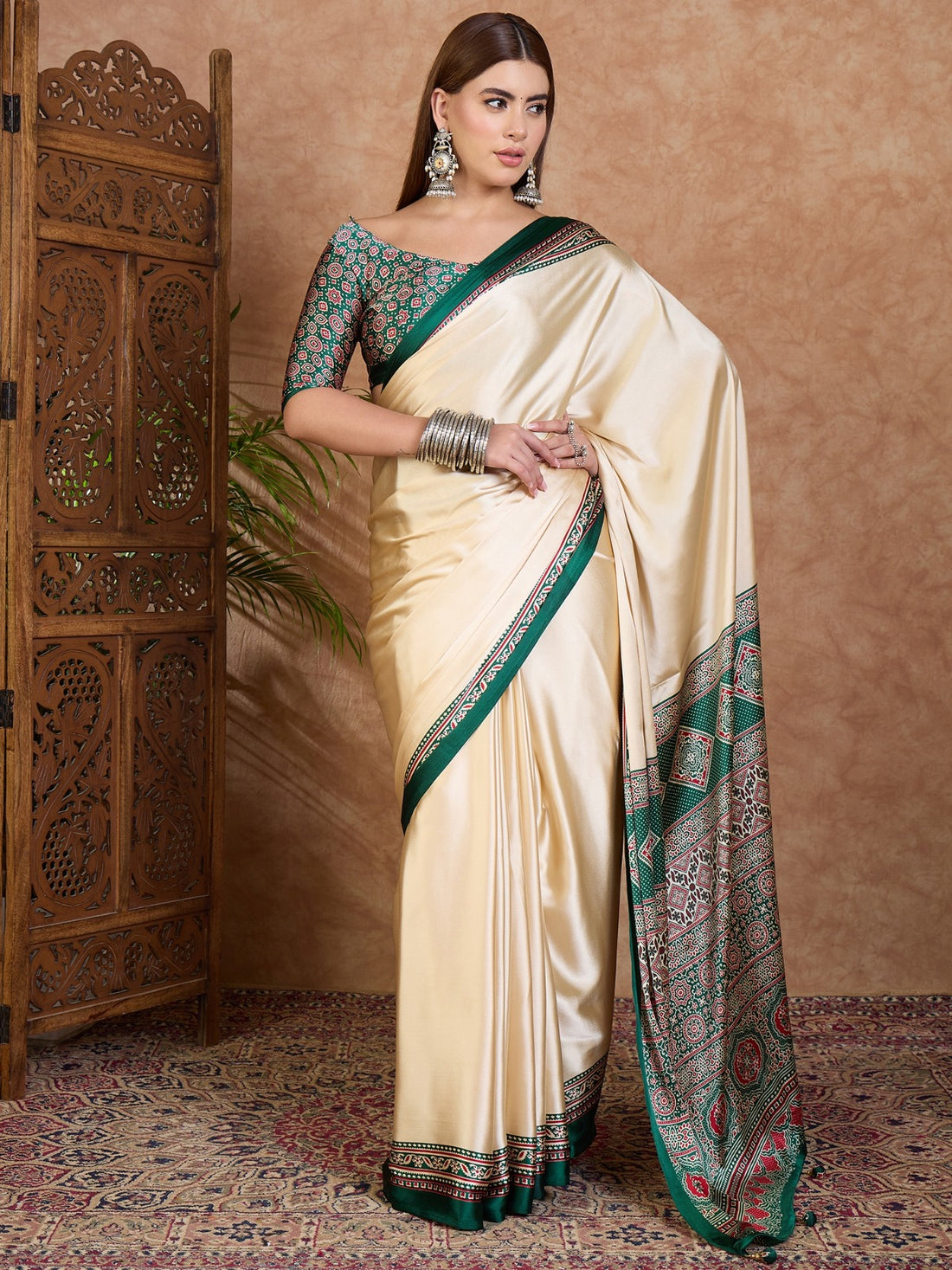 Cream and Green Pure Soft Modal Satin Ajrakh Print Satin Saree Japan Satin Saree Anant Tex Exports Pvt.Ltd..