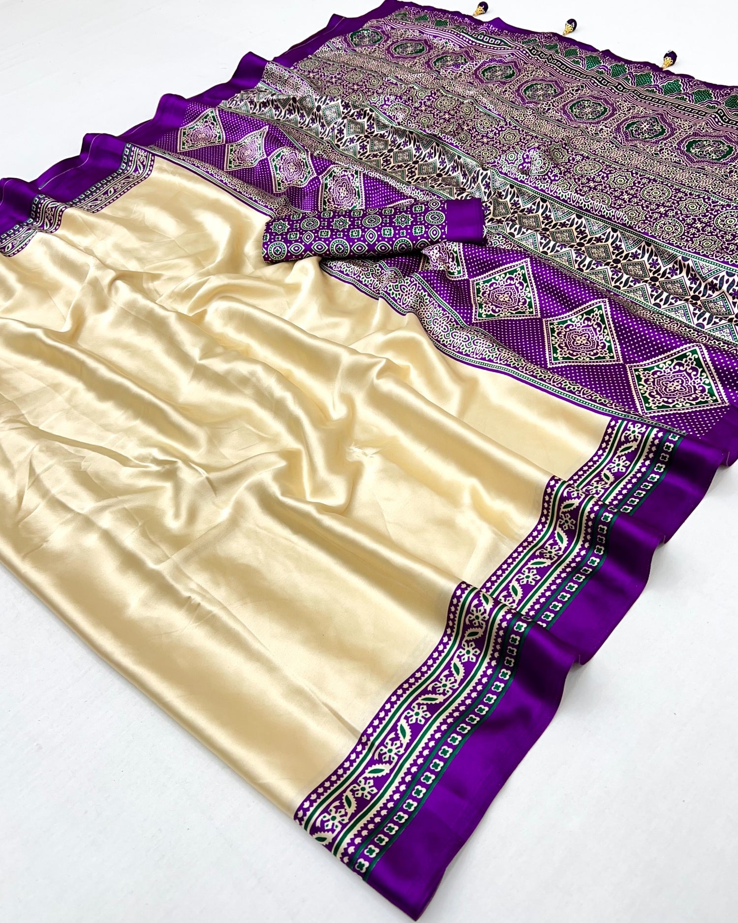 Cream and Purple Pure Soft Modal Satin Ajrakh Print Satin Saree Japan Satin Saree Anant Tex Exports Pvt.Ltd..