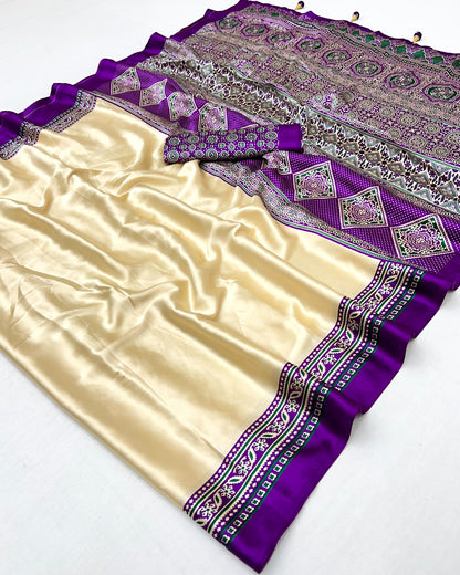 Cream and Purple Pure Soft Modal Satin Ajrakh Print Satin Saree Japan Satin Saree Anant Tex Exports Pvt.Ltd..