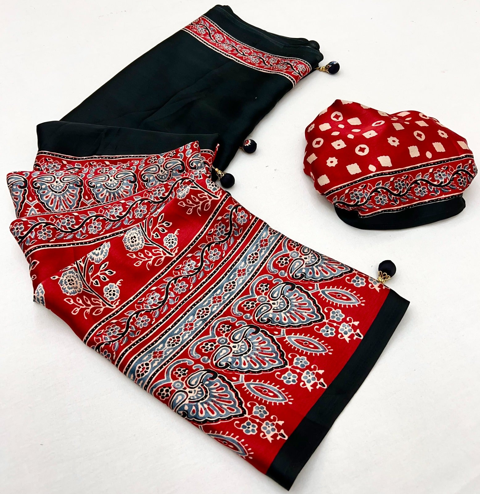 Black Pure Soft Modal Satin Ajrakh Print Satin Saree