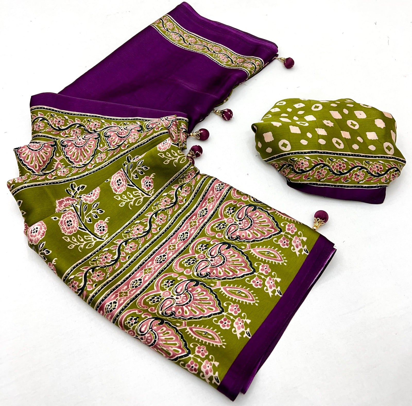 Berry Purple Pure Soft Modal Satin Ajrakh Print Satin Saree Japan Satin Saree Anant Tex Exports Pvt.Ltd..