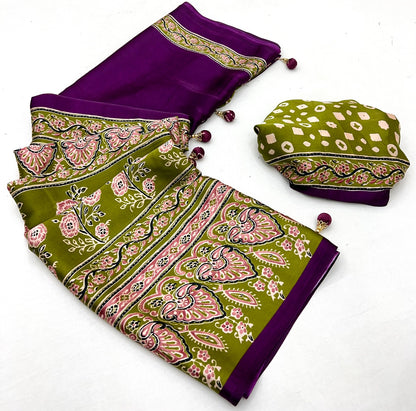Berry Purple Pure Soft Modal Satin Ajrakh Print Satin Saree Japan Satin Saree Anant Tex Exports Pvt.Ltd..