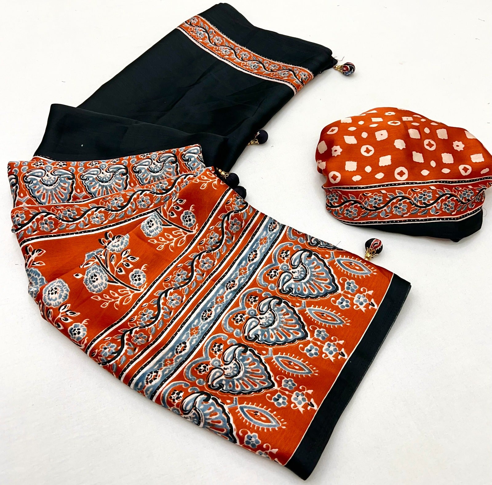 Licorice Black Pure Soft Modal Satin Ajrakh Print Satin Saree