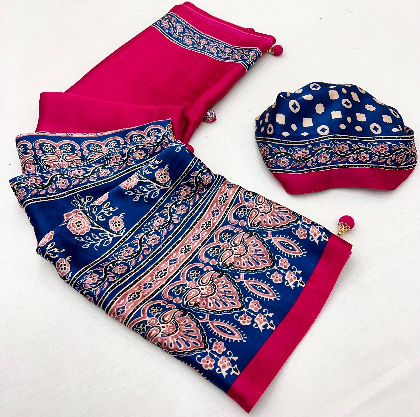 Magenta Pink Pure Soft Modal Satin Ajrakh Print Satin Saree