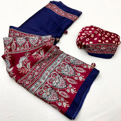 Navy Blue Pure Soft Modal Satin Ajrakh Print Satin Saree Japan Satin Saree Anant Tex Exports Pvt.Ltd..