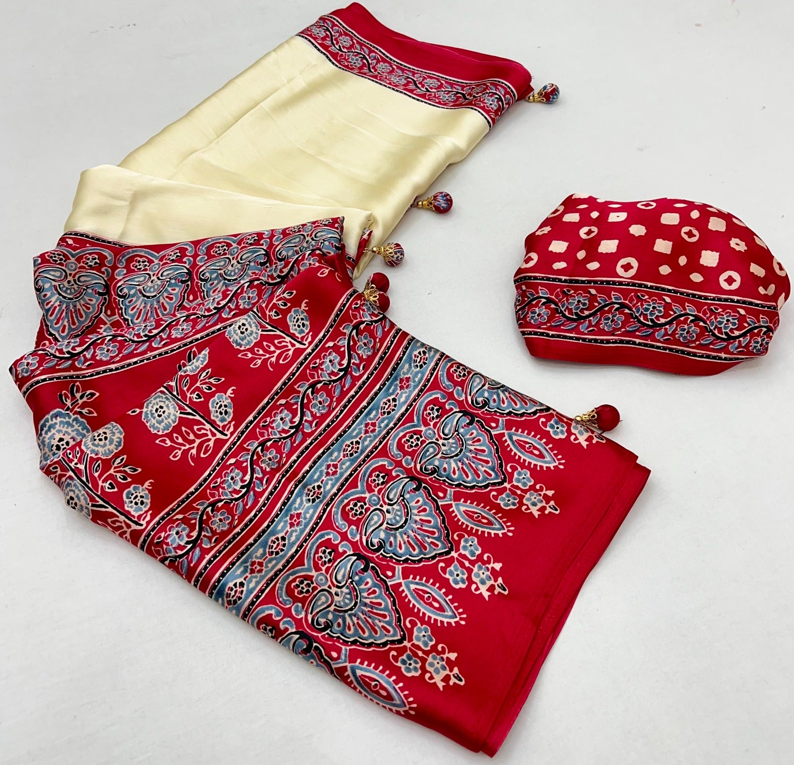 Cream and Red Pure Soft Modal Satin Ajrakh Print Satin Saree Japan Satin Saree Anant Tex Exports Pvt.Ltd..