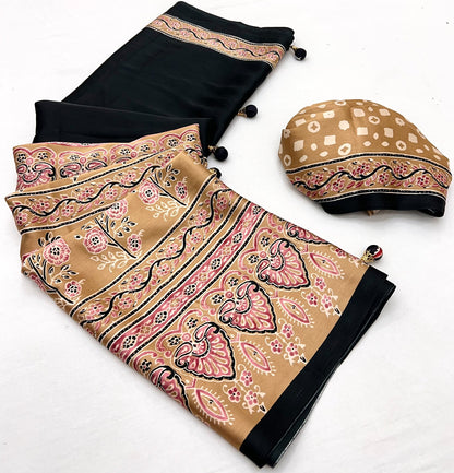 Ebony Black Pure Soft Modal Satin Ajrakh Print Satin Saree Japan Satin Saree Anant Tex Exports Pvt.Ltd..