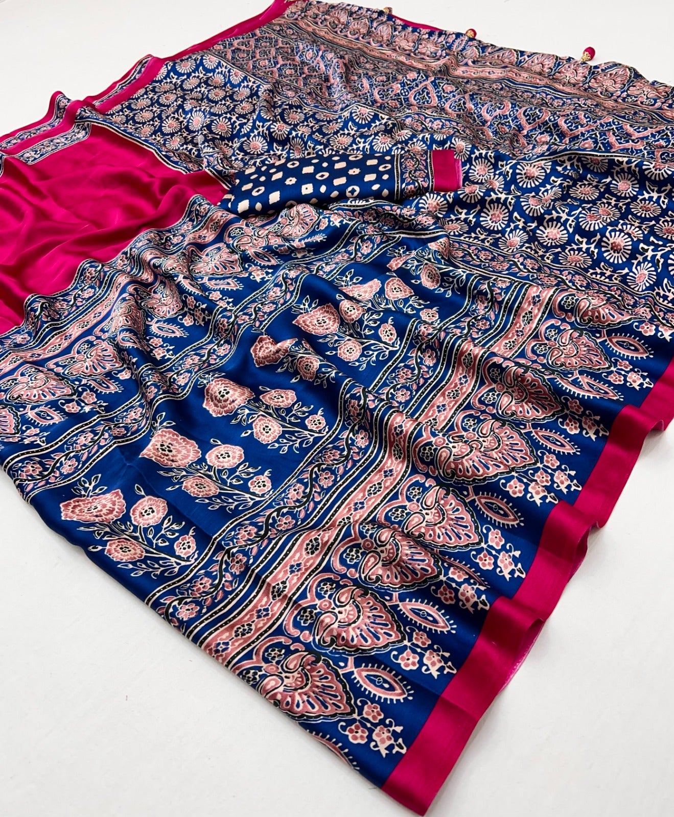 Magenta Pink Pure Soft Modal Satin Ajrakh Print Satin Saree Japan Satin Saree Anant Tex Exports Pvt.Ltd..