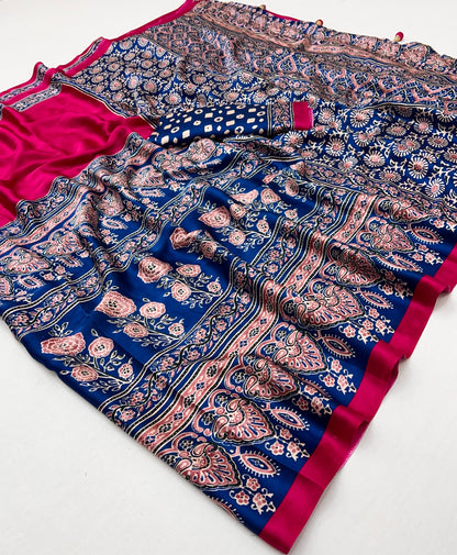 Magenta Pink Pure Soft Modal Satin Ajrakh Print Satin Saree Japan Satin Saree Anant Tex Exports Pvt.Ltd..