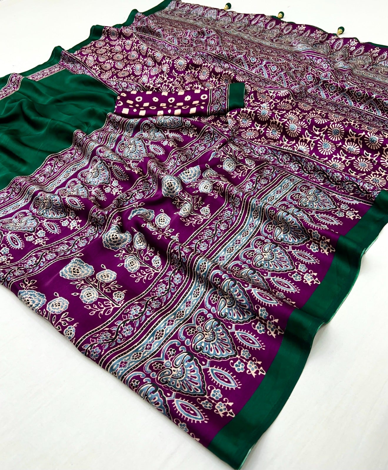 Bottle Green Pure Soft Modal Satin Ajrakh Print Satin Saree Japan Satin Saree Anant Tex Exports Pvt.Ltd..