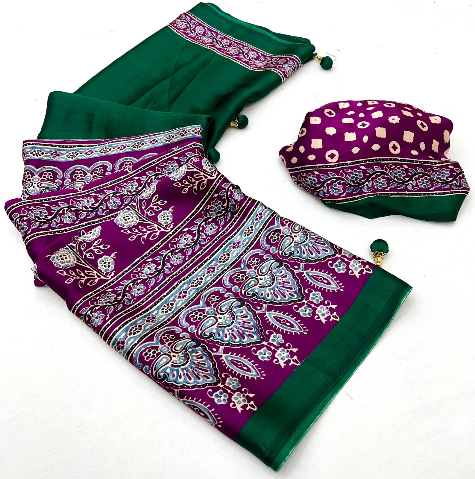 Bottle Green Pure Soft Modal Satin Ajrakh Print Satin Saree Japan Satin Saree Anant Tex Exports Pvt.Ltd..