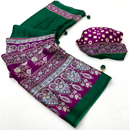Bottle Green Pure Soft Modal Satin Ajrakh Print Satin Saree Japan Satin Saree Anant Tex Exports Pvt.Ltd..