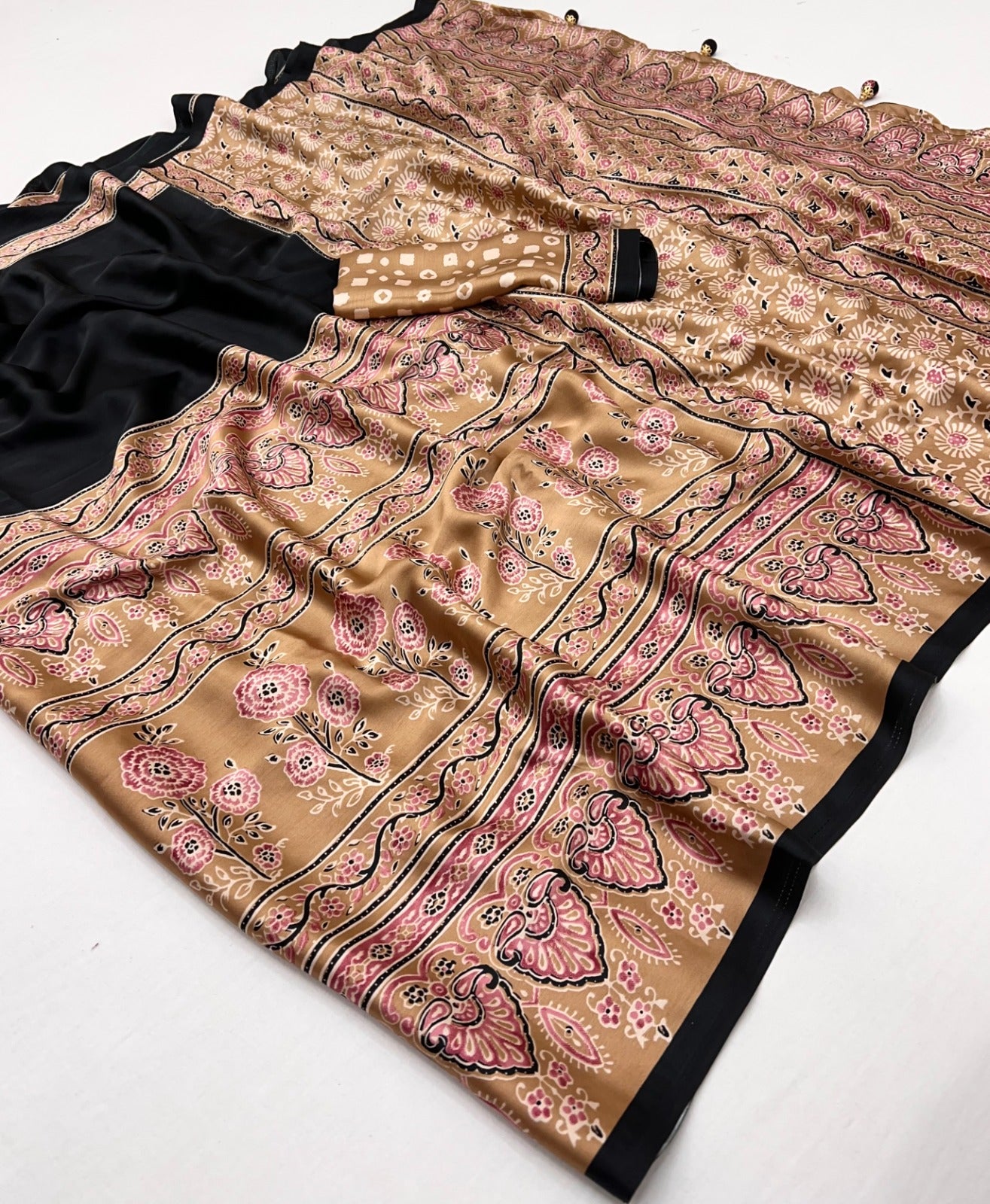Ebony Black Pure Soft Modal Satin Ajrakh Print Satin Saree Japan Satin Saree Anant Tex Exports Pvt.Ltd..