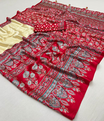 Cream and Red Pure Soft Modal Satin Ajrakh Print Satin Saree Japan Satin Saree Anant Tex Exports Pvt.Ltd..