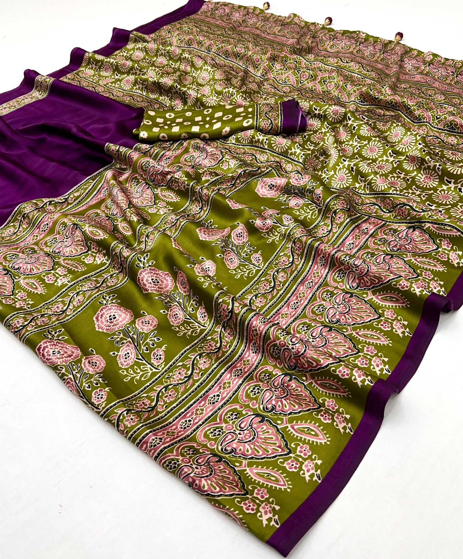 Berry Purple Pure Soft Modal Satin Ajrakh Print Satin Saree Japan Satin Saree Anant Tex Exports Pvt.Ltd..