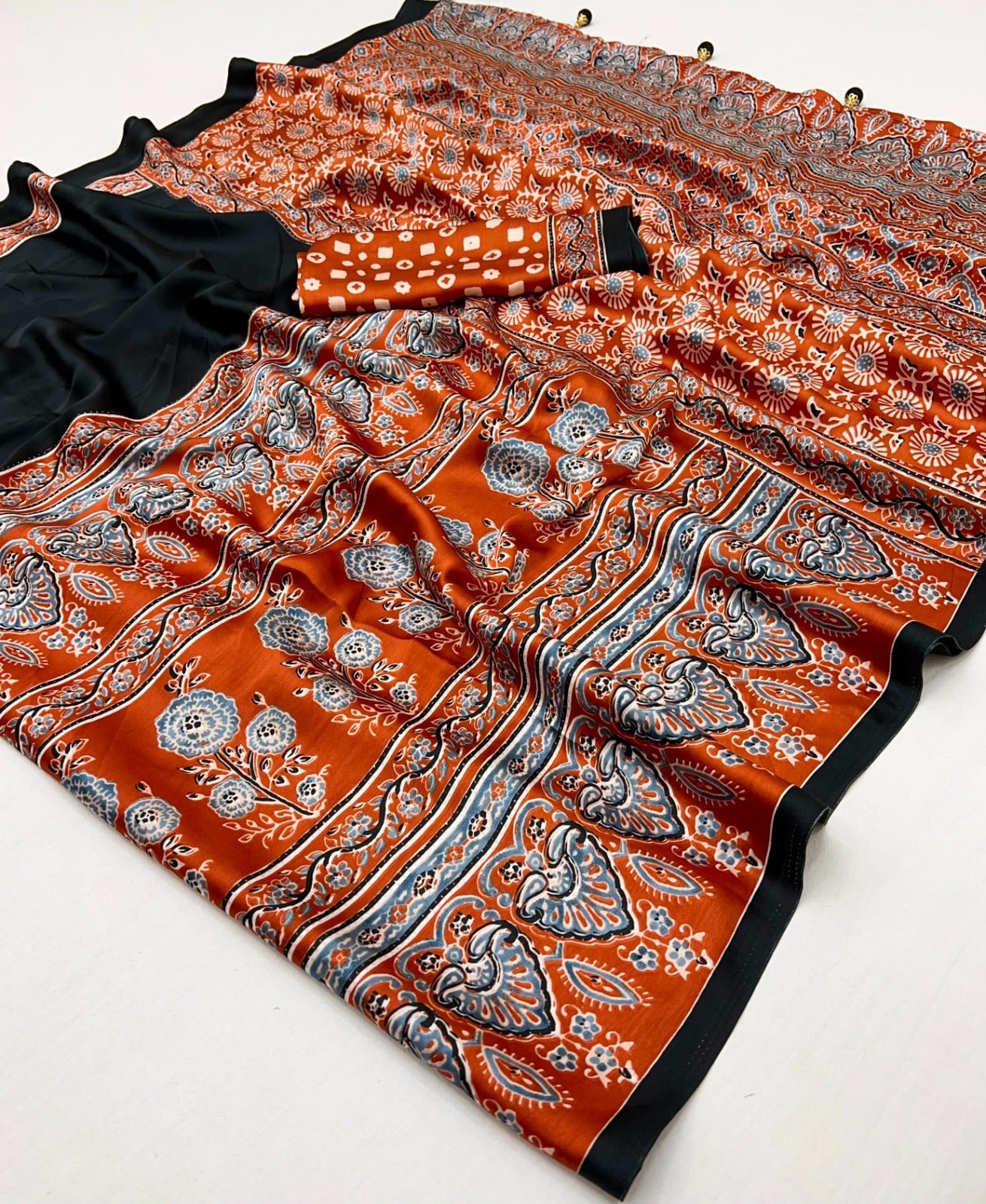 Licorice Black Pure Soft Modal Satin Ajrakh Print Satin Saree Japan Satin Saree Anant Tex Exports Pvt.Ltd..