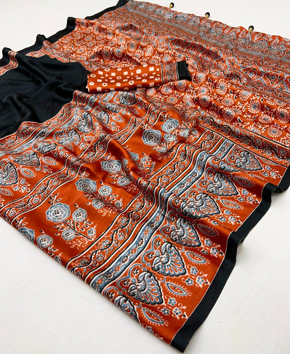 Licorice Black Pure Soft Modal Satin Ajrakh Print Satin Saree Japan Satin Saree Anant Tex Exports Pvt.Ltd..
